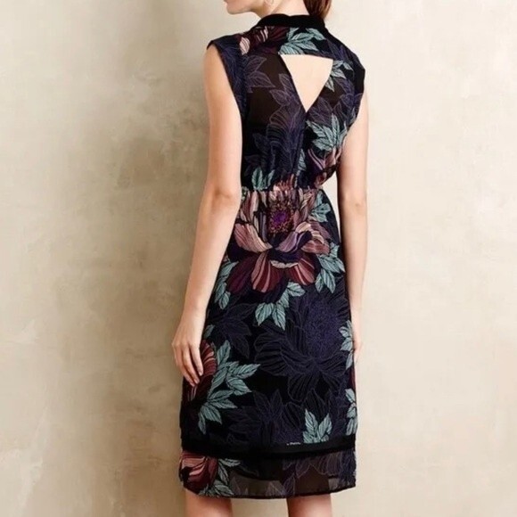 Anthropologie Maeve Brelin Floral Sheer Mix Print Button Down Lined Dress PS - Picture 2 of 9